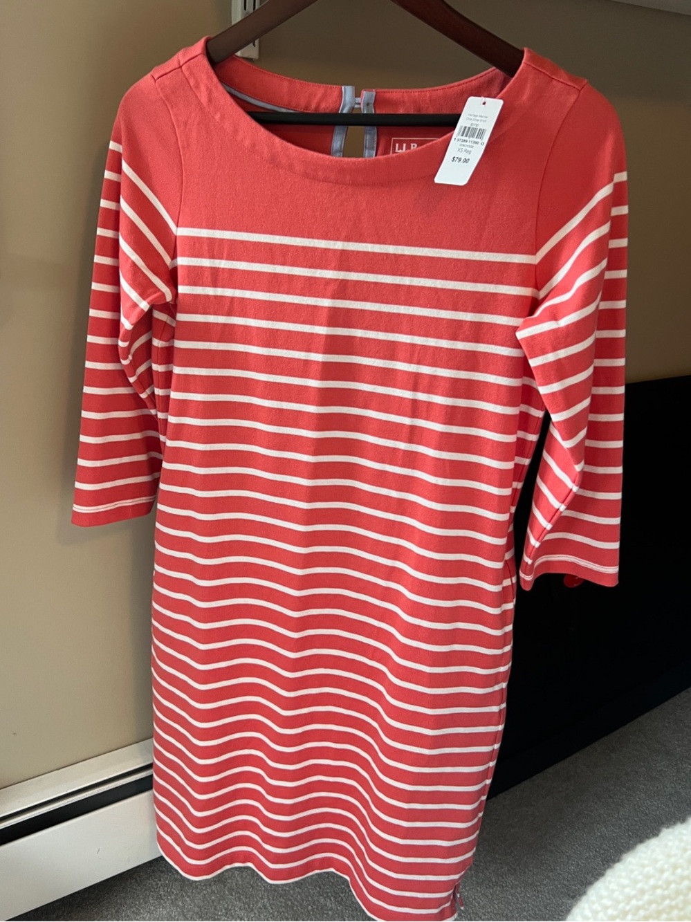 L.L. Bean Coral and White Striped Boatneck Midi Dress
